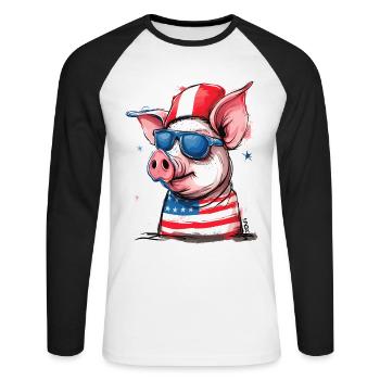 Pigtriotischer Patriot: Schwein der USA - Unisex Baseballshirt langarm - Weiß/Schwarz - Vorne - Nik (191cm)