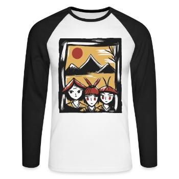 Drei niedliche Reisbauern unter japanischer Sonne - Unisex Baseballshirt langarm - Weiß/Schwarz - Vorne - Nik (191cm)