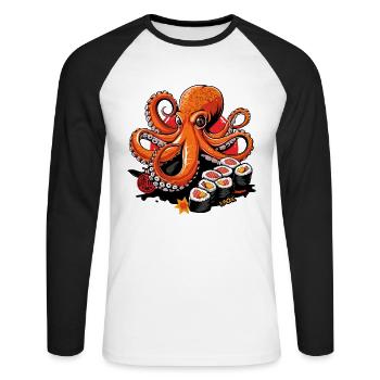 Lustige japanische Oktopus Sushi - Unisex Baseballshirt langarm - Weiß/Schwarz - Vorne - Nik (191cm)
