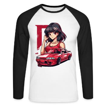D for Initial: Retro Anime Vintage Japanese JDM - Unisex Long Sleeve Baseball T-Shirt - white/black - Front - Nik (191cm)