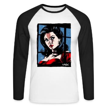 Élégance classique : Femme en rouge - T-shirt baseball manches longues Homme - blanc/noir - Devant - Nik (191cm)