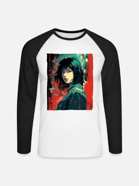 Japanisches Mädchen: Straßenkunst Anime - Unisex Baseballshirt langarm - Weiß/Schwarz