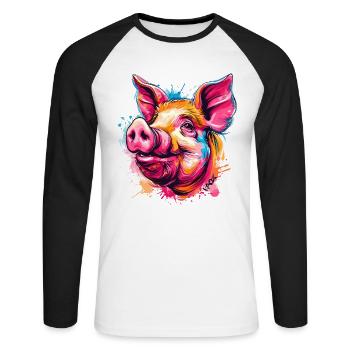 Cochon d’éclaboussures de peinture colorées - T-shirt baseball manches longues Homme - blanc/noir - Devant - Nik (191cm)