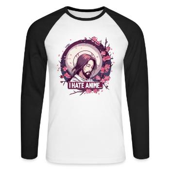 Tired Cool Sakura Jesus, I Hate Anime - Unisex Long Sleeve Baseball T-Shirt - white/black - Front - Nik (191cm)