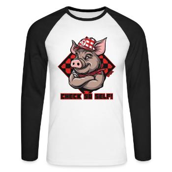 Check Yourself, Trucker Hat Pig - Unisex Long Sleeve Baseball T-Shirt - white/black - Front - Nik (191cm)