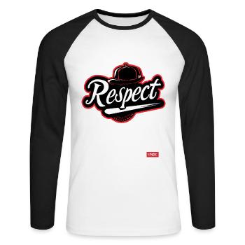 Équipe de baseball parodique : Respect - T-shirt baseball manches longues Homme - blanc/noir - Devant - Nik (191cm)