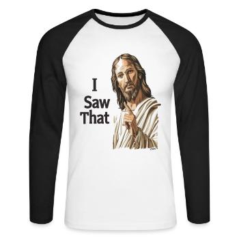 Jesus Warnung: Ich habe es gesehen - Unisex Baseballshirt langarm - Weiß/Schwarz - Vorne - Nik (191cm)