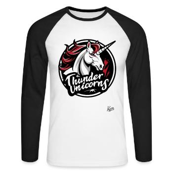 Lustige Sport-Logo-Parodie: Team Donner-Einhörner - Unisex Baseballshirt langarm - Weiß/Schwarz - Vorne - Nik (191cm)