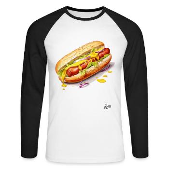 Moutarde et saucisse dans un petit pain : Hot-dog - T-shirt baseball manches longues Homme - blanc/noir - Devant - Nik (191cm)