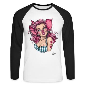 Pin-up-Girl und ein Schwein Schweinchen - Unisex Baseballshirt langarm - Weiß/Schwarz - Vorne - Nik (191cm)