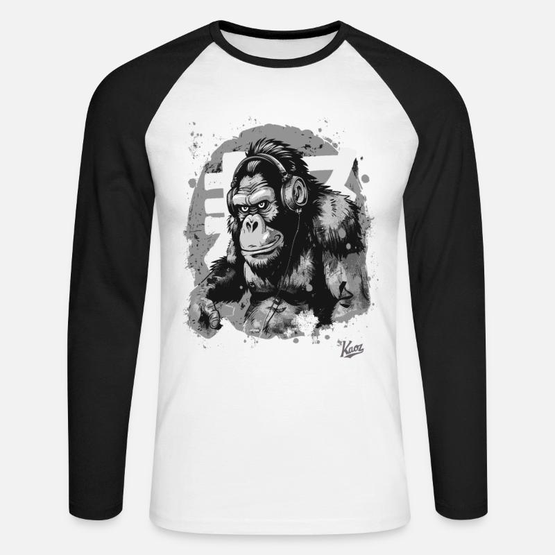 Funky Musik Kopfhörer Schimpansen-Affe - Unisex Baseballshirt langarm - Weiß/Schwarz