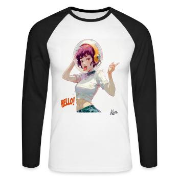 Drôle d’astronaute dit bonjour - T-shirt baseball manches longues Homme - blanc/noir - Devant - Nik (191cm)