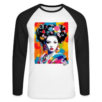 Fantastique Geisha japonaise colorée - T-shirt baseball manches longues Homme - blanc/noir - Devant - Nik (191cm)