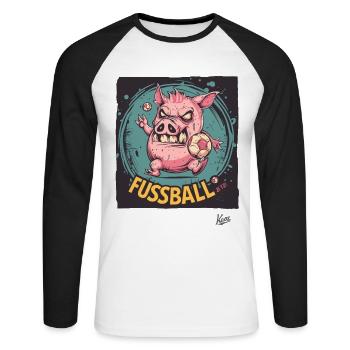Fußball-Schwein: Wir wollen Fußball jetzt - Unisex Baseballshirt langarm - Weiß/Schwarz - Vorne - Nik (191cm)