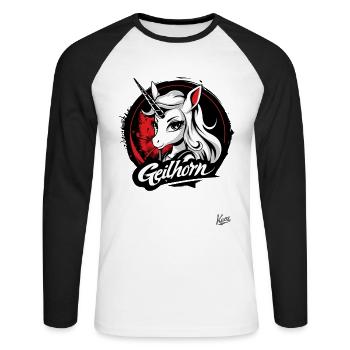 Geilhorn: Dieses Geile Einhorn-Pferd - Unisex Baseballshirt langarm - Weiß/Schwarz - Vorne - Nik (191cm)