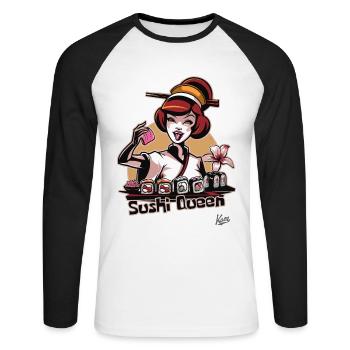 Hobby Geisha : la joyeuse reine des sushis - T-shirt baseball manches longues Homme - blanc/noir - Devant - Nik (191cm)
