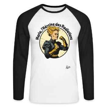 Marie - Die Heldin der Strahlung - Unisex Baseballshirt langarm - Weiß/Schwarz - Vorne - Nik (191cm)