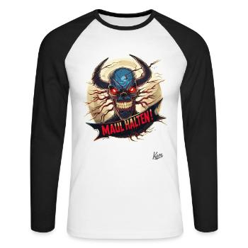 The devil of truth says: Shut up - Unisex Long Sleeve Baseball T-Shirt - white/black - Front - Nik (191cm)