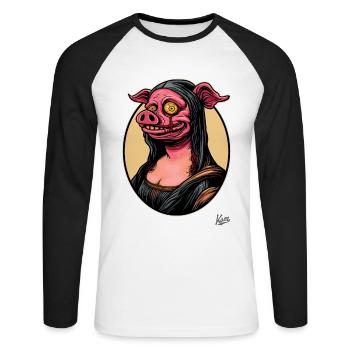 Das Portrait der Mona, das Zombie-Schwein Lisa - Unisex Baseballshirt langarm - Weiß/Schwarz - Vorne - Nik (191cm)
