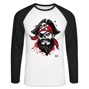 männlicher Mann lustiger Totenkopf Pirat - Unisex Baseballshirt langarm - Weiß/Schwarz - Vorne - Nik (191cm)