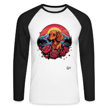 Coucher de soleil et teckel de roses : l’amour de la nature - T-shirt baseball manches longues Homme - blanc/noir - Devant - Nik (191cm)