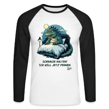 Kroko Alligator im Bett, Schnauze ich will pennen - Unisex Baseballshirt langarm - Weiß/Schwarz - Vorne - Nik (191cm)