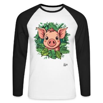 Kleines Süßes Schwein im Pflanzen-Dschungel - Unisex Baseballshirt langarm - Weiß/Schwarz - Vorne - Nik (191cm)