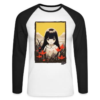 Japanisches Asiatisches Mädchen im Blumenfeld - Unisex Baseballshirt langarm - Weiß/Schwarz - Vorne - Nik (191cm)