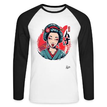 Joyeuse, drôle, geisha de dessin animé japonais - T-shirt baseball manches longues Homme - blanc/noir - Devant - Nik (191cm)