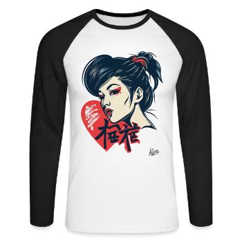 A Japanese woman ready to kiss with heart - Unisex Long Sleeve Baseball T-Shirt - white/black - Front - Nik (191cm)