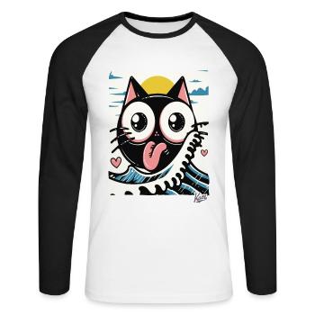 Japanese waves loving black cat - Unisex Long Sleeve Baseball T-Shirt - white/black - Front - Nik (191cm)