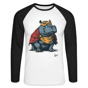 Nilpferd im Superhelden-Kostüm - Unisex Baseballshirt langarm - Weiß/Schwarz - Vorne - Nik (191cm)