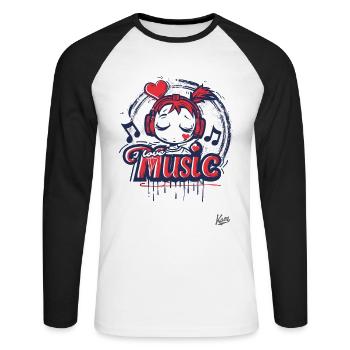 Fille mignonne kawaii avec des écouteurs et de la musique - T-shirt baseball manches longues Homme - blanc/noir - Devant - Nik (191cm)