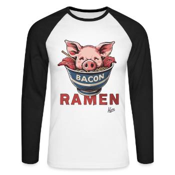Funny pig's head in bowl with bacon ramen - Unisex Long Sleeve Baseball T-Shirt - white/black - Front - Nik (191cm)
