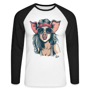 Fille hippie punk des années 80 en cochon mignon - T-shirt baseball manches longues Homme - blanc/noir - Devant - Nik (191cm)