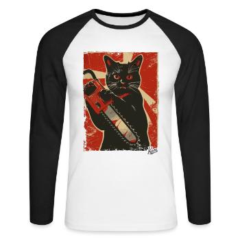Vintage Drôle Chat avec Tronçonneuse - T-shirt baseball manches longues Homme - blanc/noir - Devant - Nik (191cm)