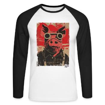 Lustiges verrücktes Steampunk-Pilotenschwein - Unisex Baseballshirt langarm - Weiß/Schwarz - Vorne - Nik (191cm)