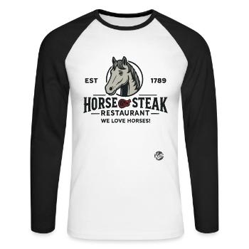 Drôle de design de restaurant « Horse Steak » Satire - T-shirt baseball manches longues Homme - blanc/noir - Devant - Nik (191cm)