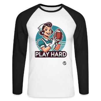 Femme au foyer de dessin animé rétro jouant au football américain - T-shirt baseball manches longues Homme - blanc/noir - Devant - Nik (191cm)