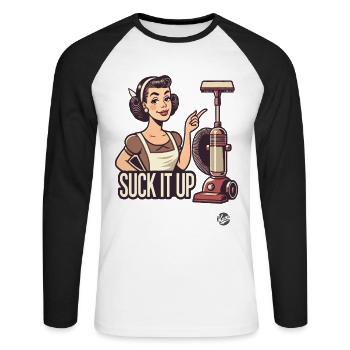 Femme au foyer rétro. Aspirateur vintage, aspirez-le - T-shirt baseball manches longues Homme - blanc/noir - Devant - Nik (191cm)