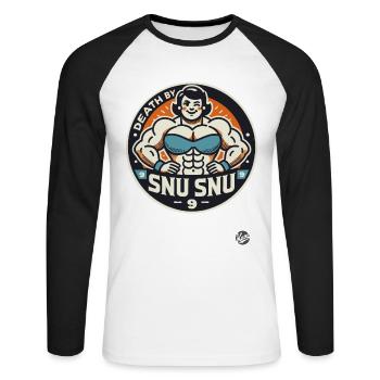 Strong Bodybuilding Woman: "Death by Snu Snu" - Unisex Long Sleeve Baseball T-Shirt - white/black - Front - Nik (191cm)