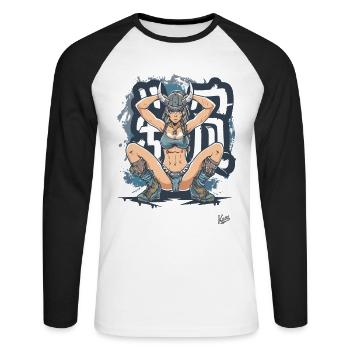Guerrier viking et graffitis - T-shirt baseball manches longues Homme - blanc/noir - Devant - Nik (191cm)