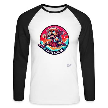 Laufendes Schulmädchen: Ich hasse Schule - Unisex Baseballshirt langarm - Weiß/Schwarz - Vorne - Nik (191cm)