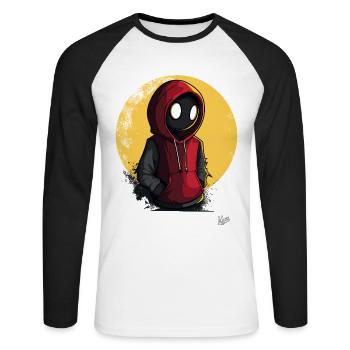 Mystérieux personnage de dessin animé en sweat à capuche rouge - T-shirt baseball manches longues Homme - blanc/noir - Devant - Nik (191cm)