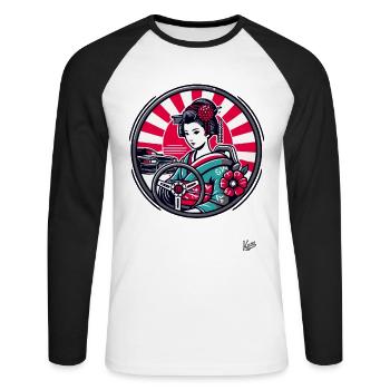 Retro geisha in JDM car tuning - Unisex Long Sleeve Baseball T-Shirt - white/black - Front - Nik (191cm)