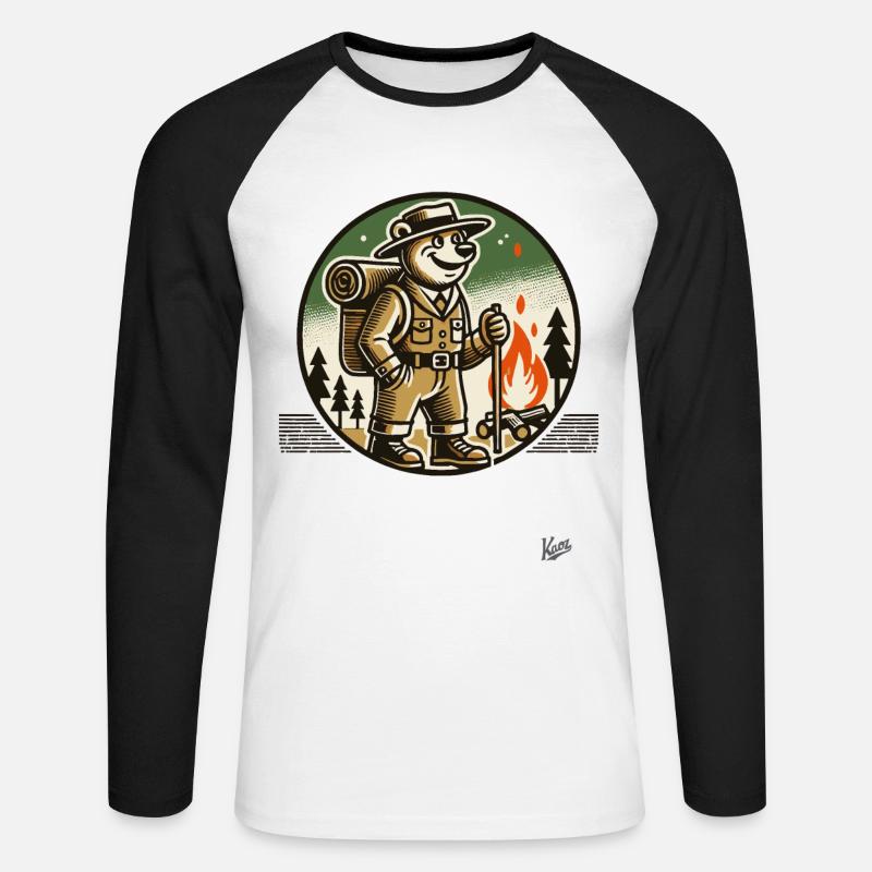 Wanderer- und Camping-Bär - Unisex Baseballshirt langarm - Weiß/Schwarz