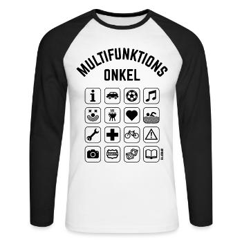 Multifunktions Onkel (16 Icons) - Unisex Baseballshirt langarm - Weiß/Schwarz - Vorne - Nik (191cm)