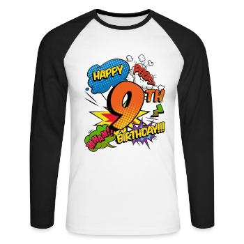 9ème anniversaire Jeunes super-héros de style bande dessinée - T-shirt baseball manches longues Homme - blanc/noir - Devant - Nik (191cm)