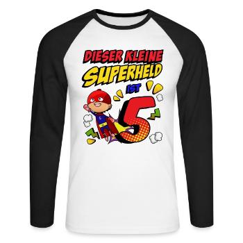 5. Geburtstag Junge Comic-Stil Kleine Superheld - Unisex Baseballshirt langarm - Weiß/Schwarz - Vorne - Nik (191cm)