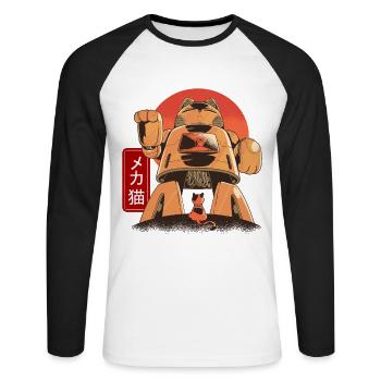 Cat Mech Robot Anime Mécanique Japonaise - T-shirt baseball manches longues Homme - blanc/noir - Devant - Nik (191cm)